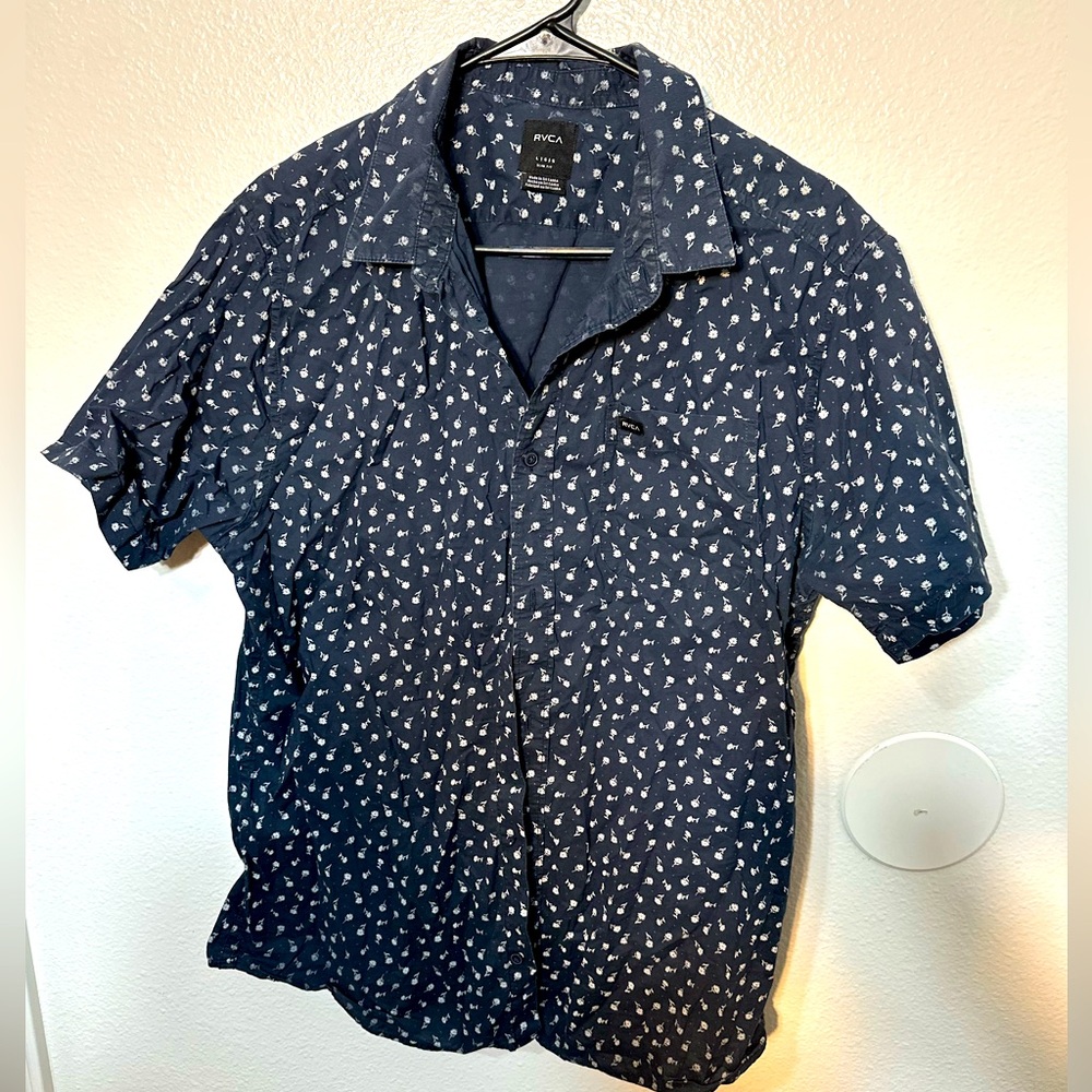 RVCA blue button up shirt floral collar dress men shirt size large